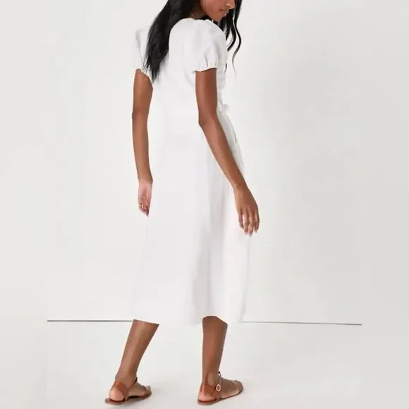 NWT Lulus Sicily Sweetheart White Button Front Puff Sleeve Midi Dress Size XL - Picture 3 of 5